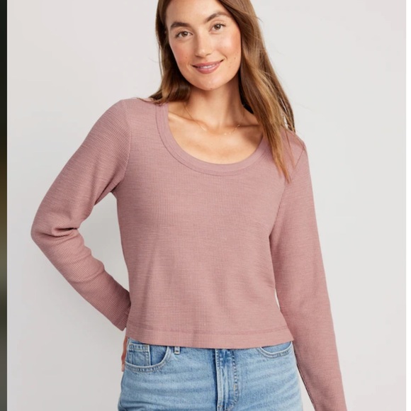 NWT OLD NAVY Cropped Waffle-Knit Scoop-Neck T-Shirt Color: Woodrose - Picture 2 of 6